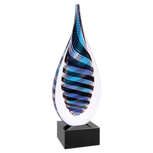 12" Blue, White & Black Twisted Rain Drop Art Glass