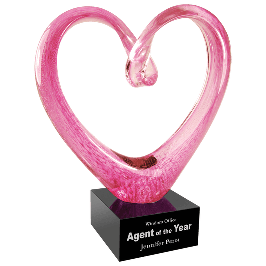 9" Pink Glass Heart Art Glass with Black Base