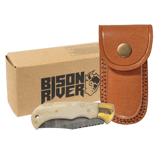 Bison River 3.75" Bone Folding Knife with Damascus Steel Blade and Leather Sheath