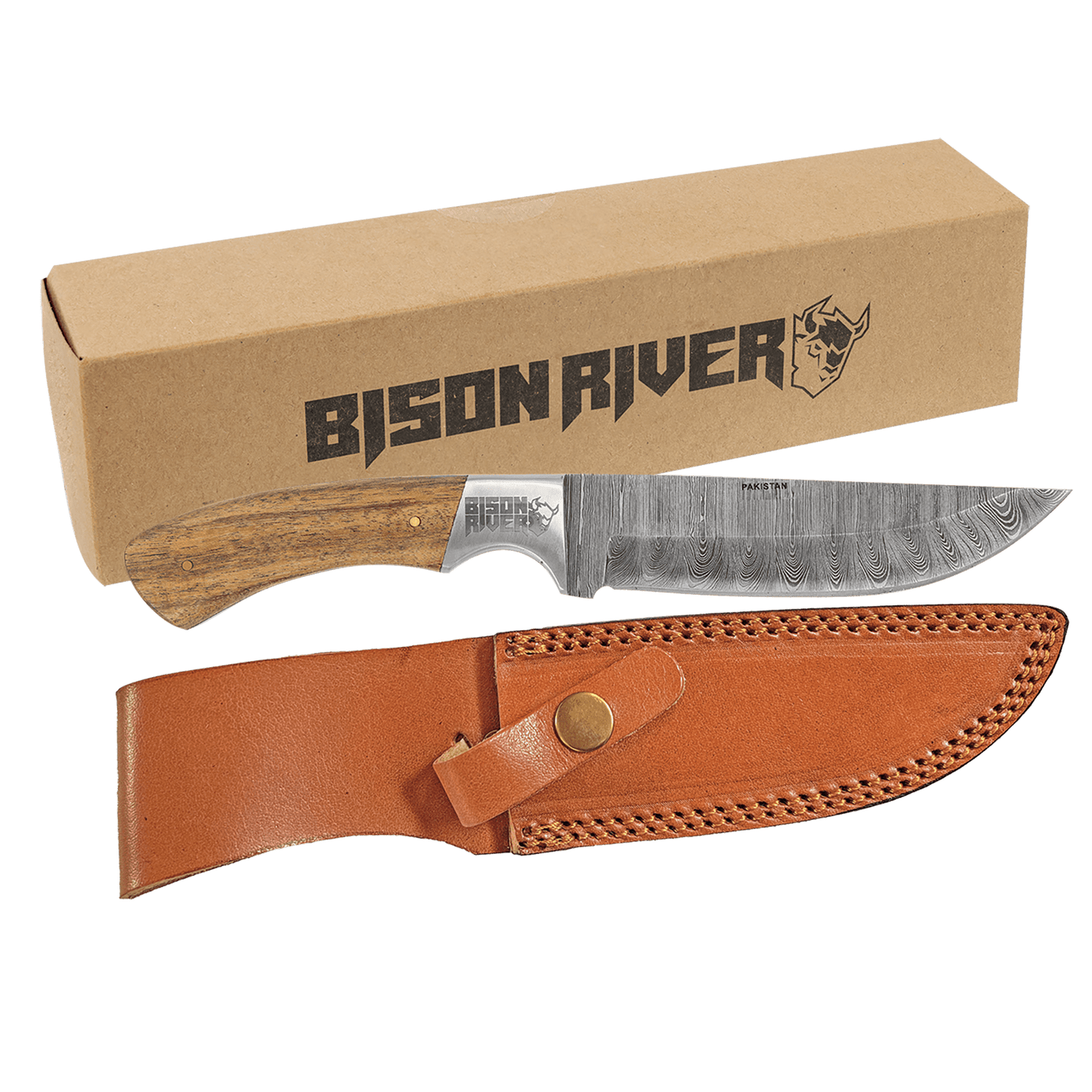 Bison River 9.5" Fixed Blade Wood Knife with Damascus Steel Blade and Leather Sheath