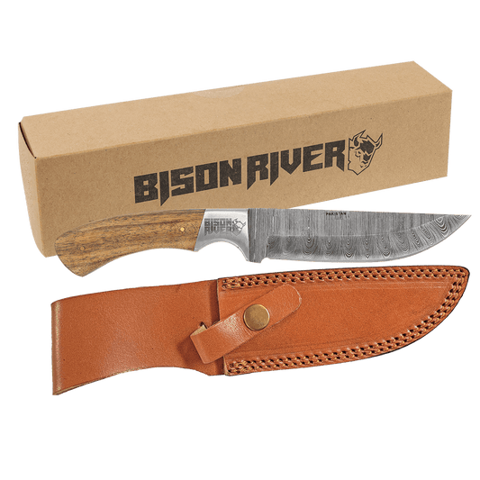 Bison River 9.5" Fixed Blade Wood Knife with Damascus Steel Blade and Leather Sheath