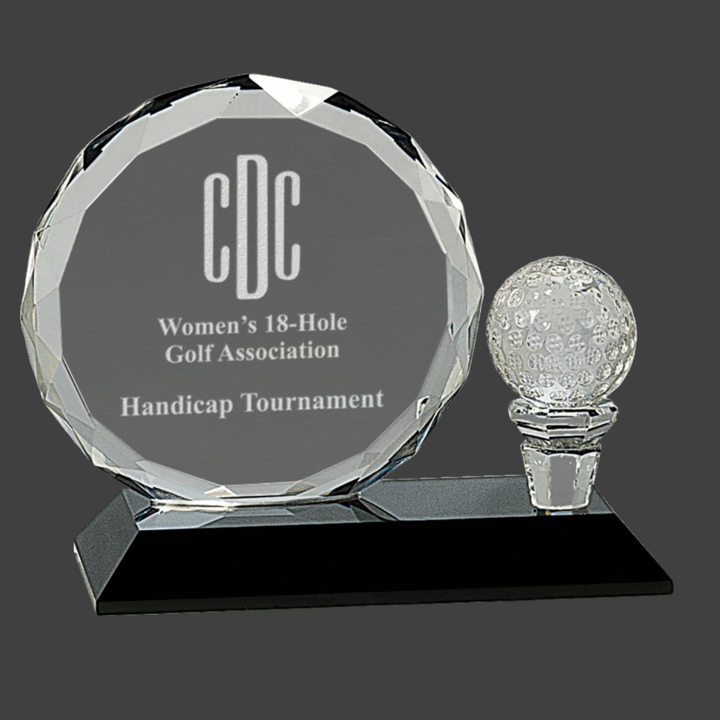 Round Facet Crystal with Golf Ball On Black Pedestal Base