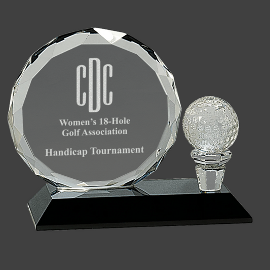 Round Facet Crystal with Golf Ball On Black Pedestal Base