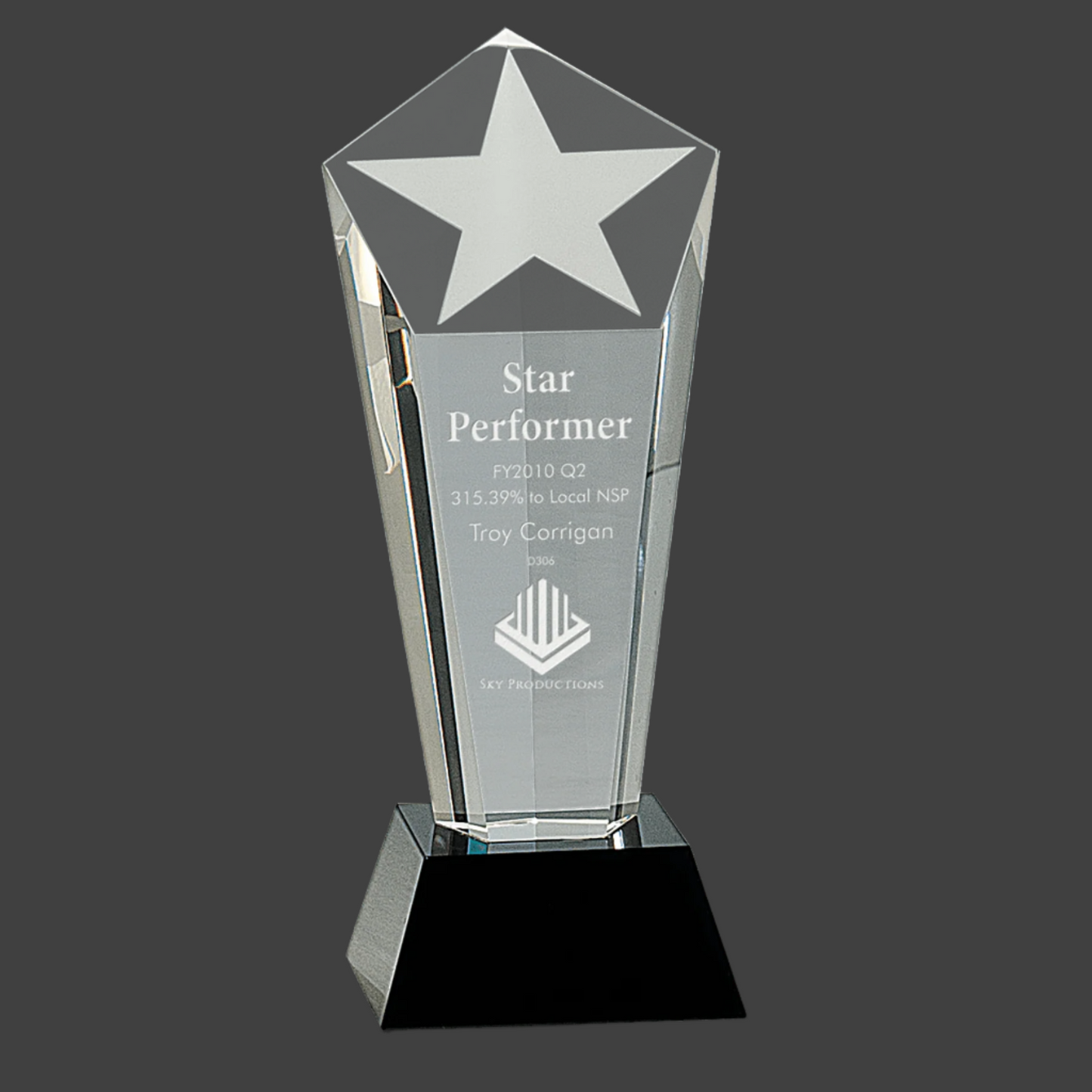 Crystal Frosted Star Column On Black Pedestal Base