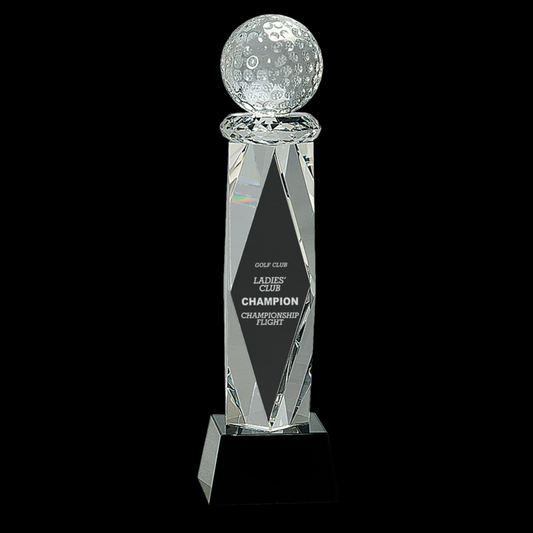 10.75" Clear Crystal Golf Ball On Facet Column with Black Base