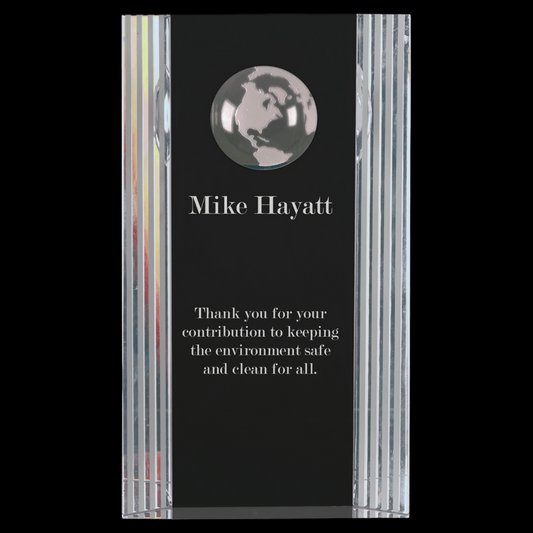 Clear Crystal Rectangle with Globe Etching and Decorative Lines