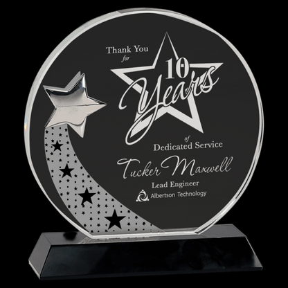 Round Crystal with Silver Star On Black Pedestal Base