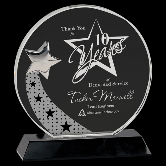 Round Crystal with Silver Star On Black Pedestal Base