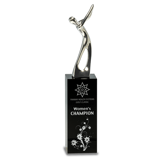 Silver Metal Golf Figure On Black Crystal Pedestal
