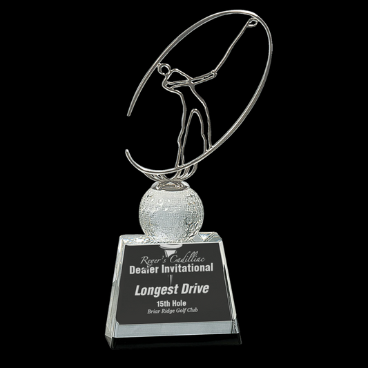 Clear/Black Crystal Golf Award with Silver Metal Oval Figure