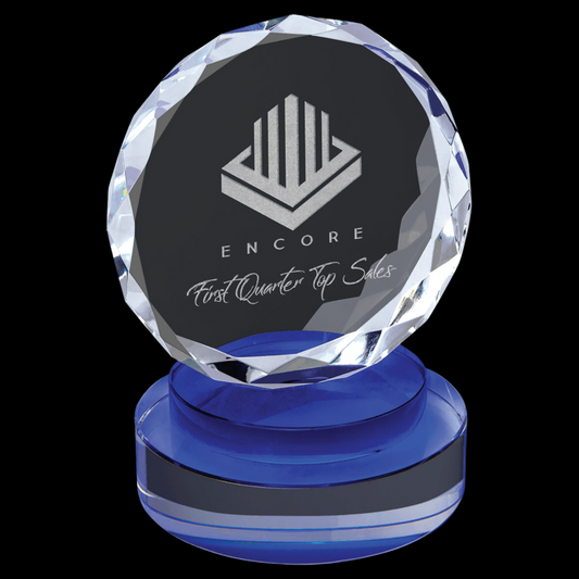 Round Facet Crystal On Blue & Clear Round Base