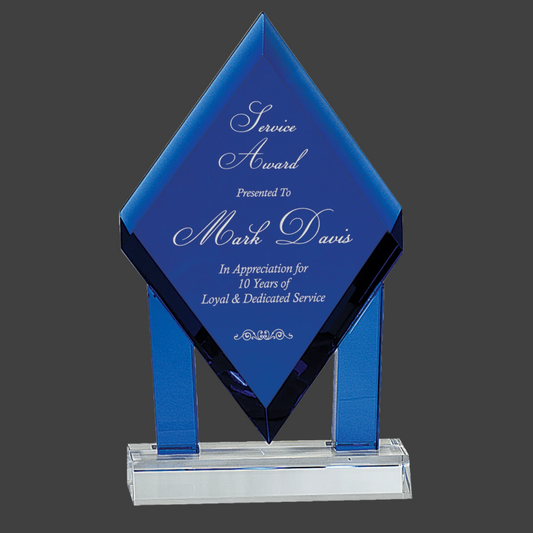 8.75" Blue Crystal Floating Diamond with Blue Columns On Clear Base
