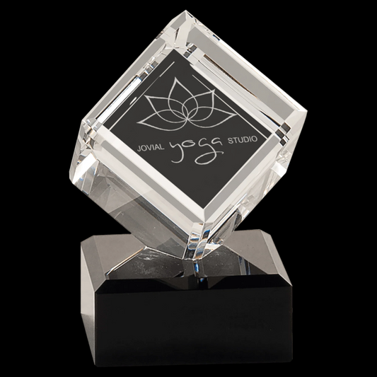 Clear Crystal Cube On Black Pedestal Base