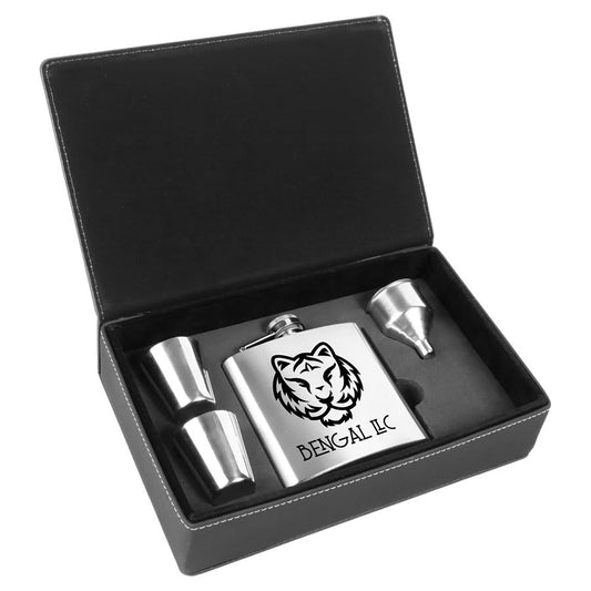 6 oz. Stainless Steel Flask Gift Set In Black/Silver Leatherette Box