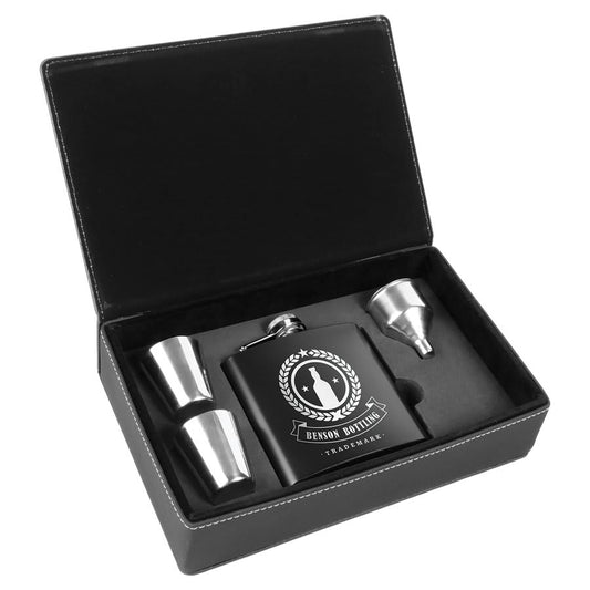 6 oz. Stainless Steel Flask Gift Set In Black/Silver Leatherette Box