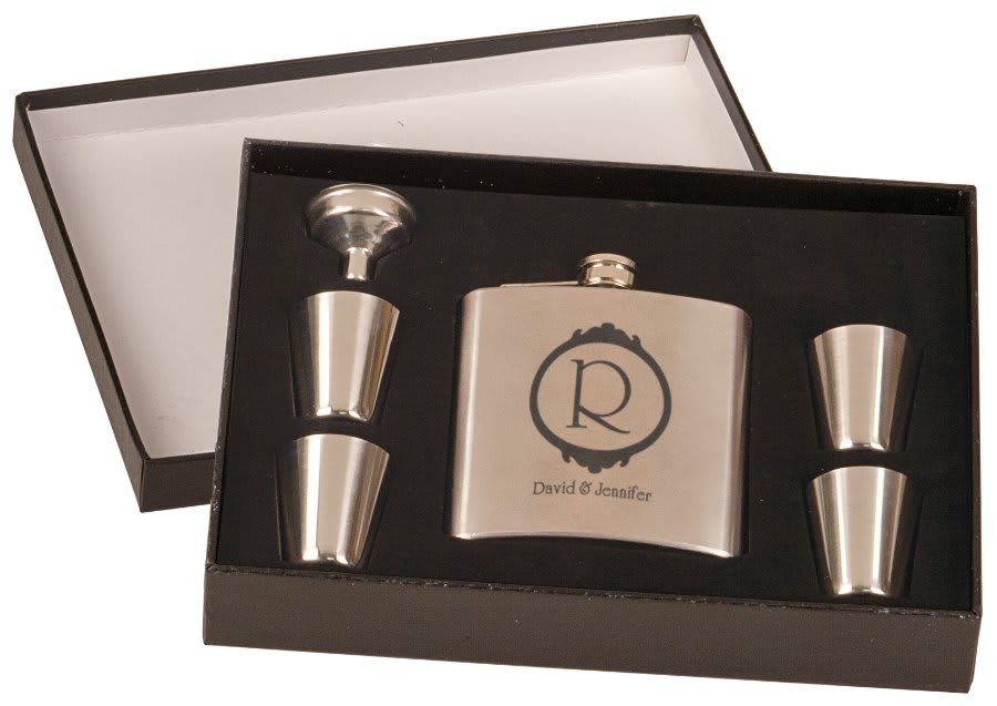6 oz. Flask Gift Set In Presentation Box with 4 Shot Glasses