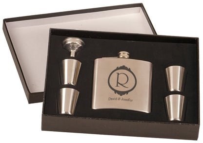 6 oz. Flask Gift Set In Presentation Box with 4 Shot Glasses