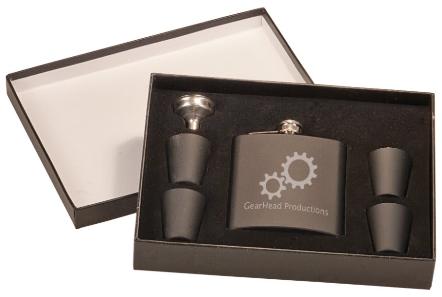 6 oz. Flask Gift Set In Presentation Box with 4 Shot Glasses