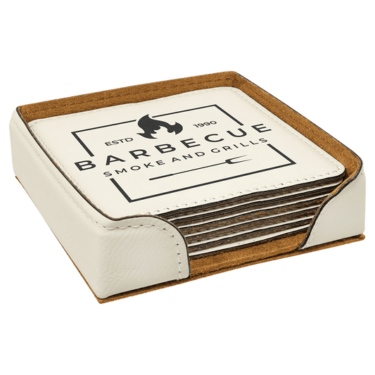 4" Square White Leatherette Coaster