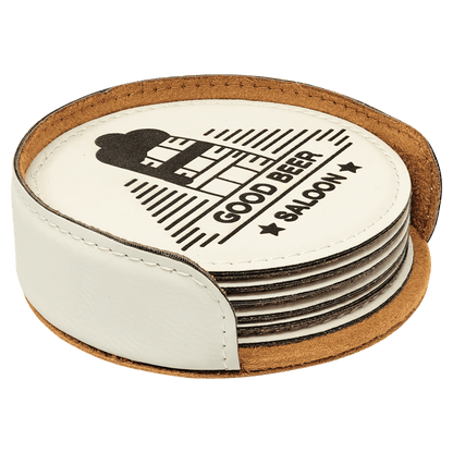 4" Round White Leatherette Coaster