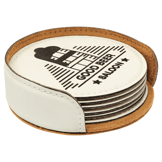 4" Round White Leatherette Coaster