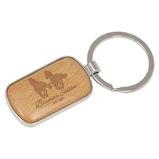 Silver/Beech Wood Rounded Corner Rectangle Keychain 1" x 1.75"