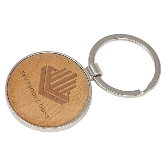 Silver/Beech Wood Round Keychain 1.625"