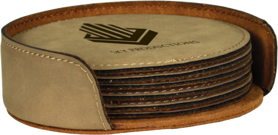 4" Round Light Brown Leatherette Coaster