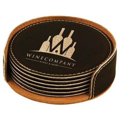 4" Round Black/Gold Leatherette Coaster