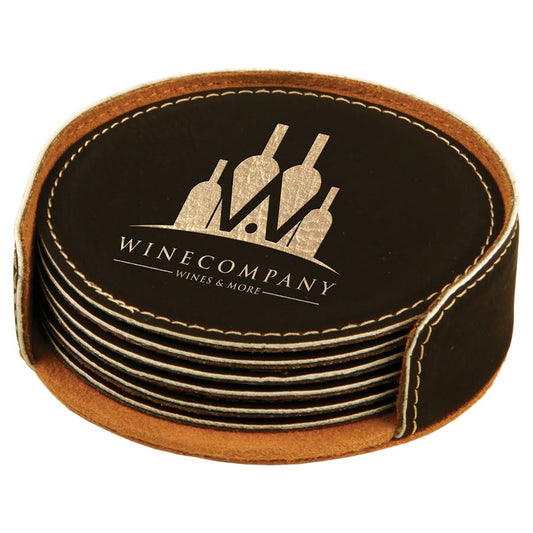 4" Round Black/Gold Leatherette Coaster