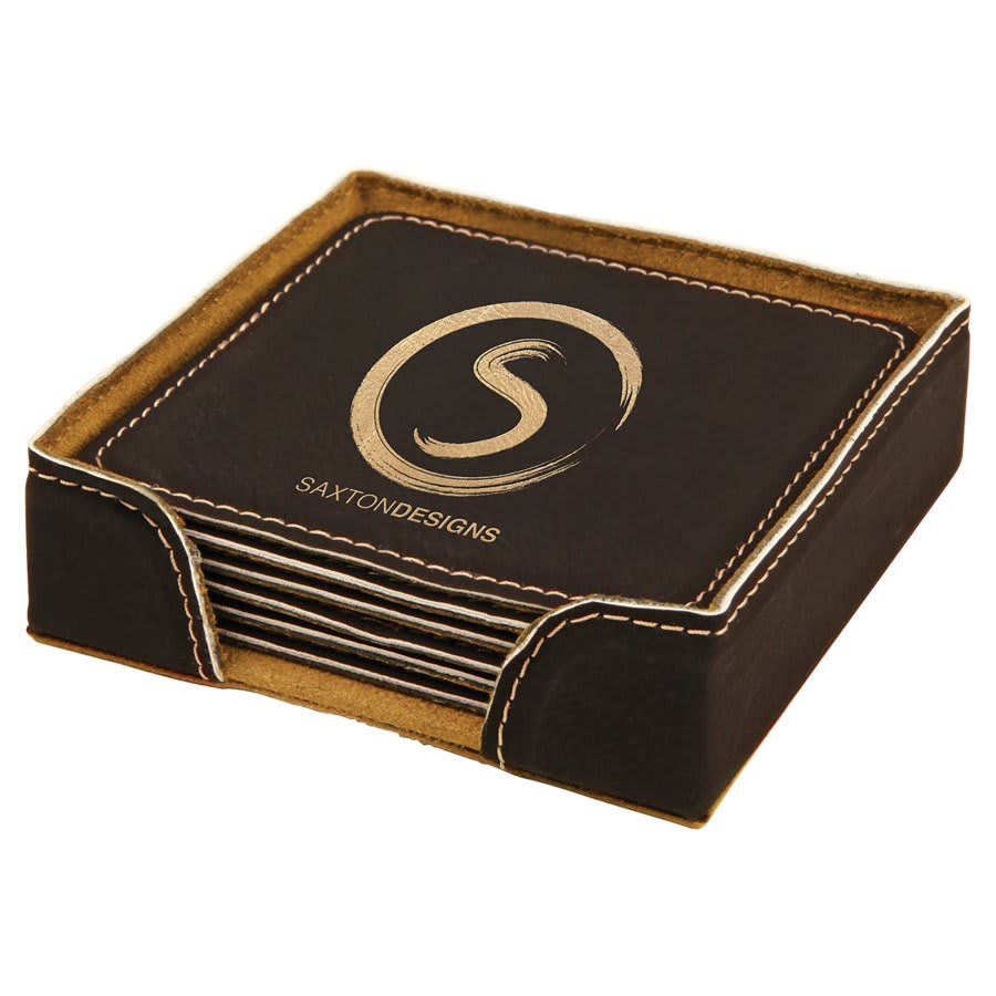 4" Square Black/Gold Leatherette Coaster
