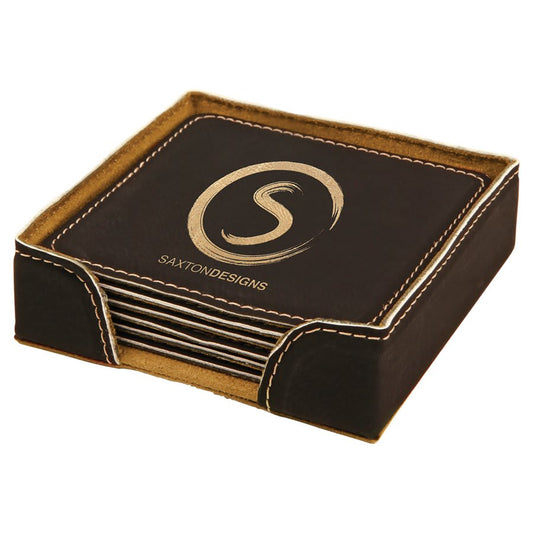 4" Square Black/Gold Leatherette Coaster