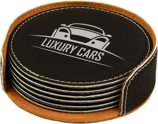4" Round Black/Silver Leatherette Coaster