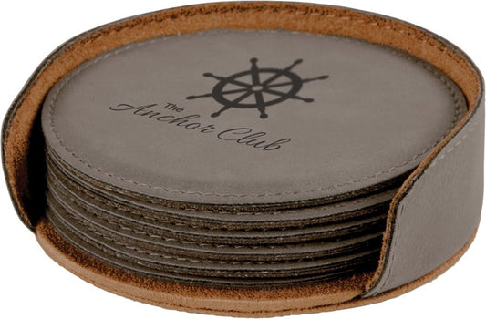 4" Round Gray Leatherette Coaster