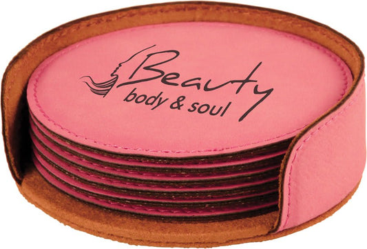 4" Round Pink Leatherette Coaster