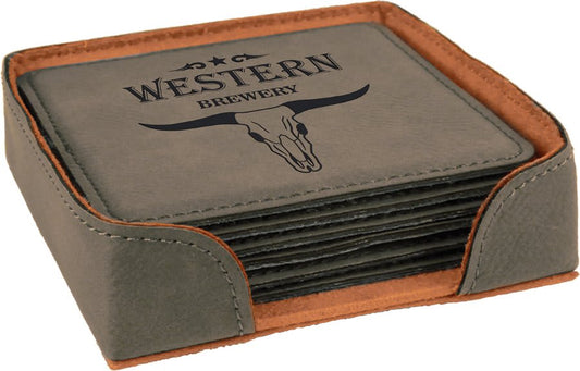 4" Square Gray Leatherette Coaster