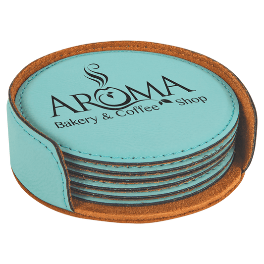 4" Round Teal Leatherette Coaster