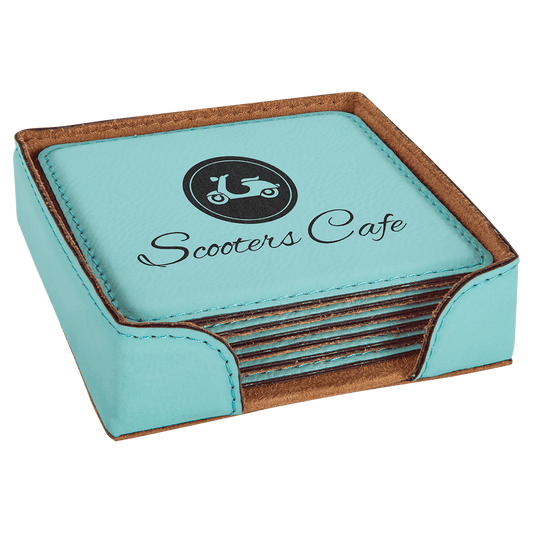 4" Square Teal Leatherette Coaster