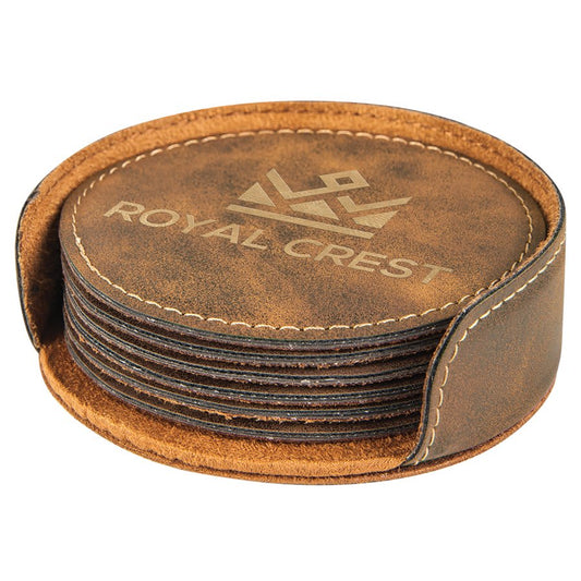 4" Round Rustic/Gold Leatherette Coaster