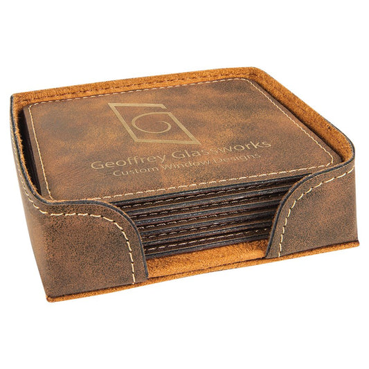 4" Square Rustic/Gold Leatherette Coaster