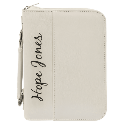 White Leatherette Book/Bible Cover with Handle & Zipper