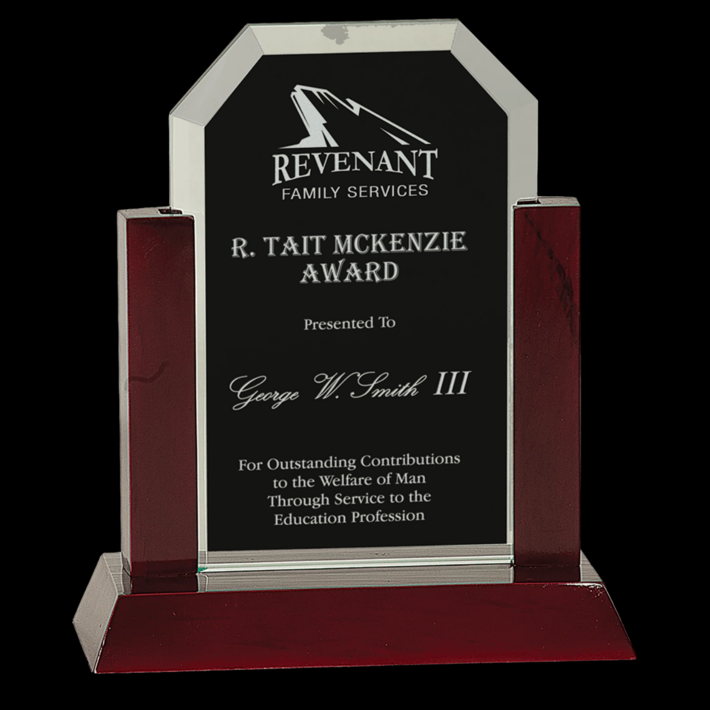 Gateway Jade Clip Corner Glass Award with Rosewood Finish Base