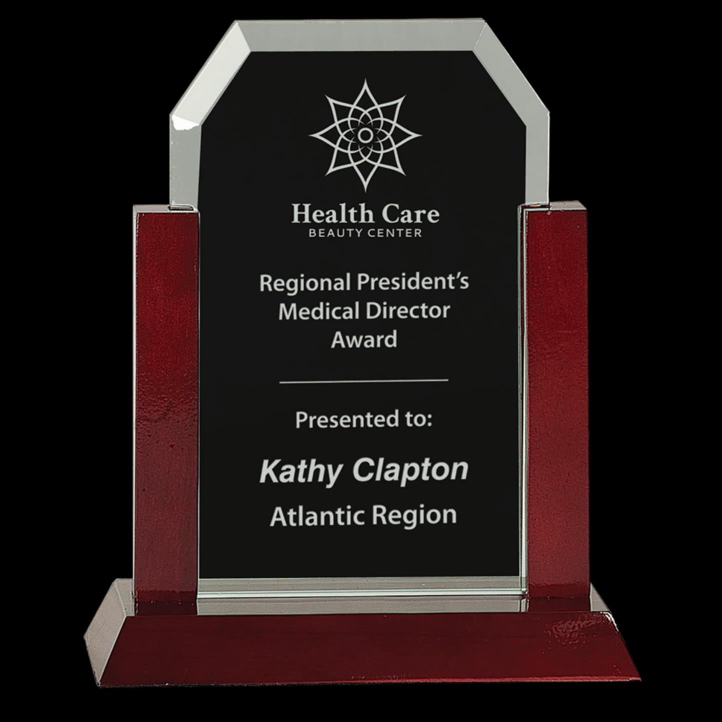 Gateway Jade Clip Corner Glass Award with Rosewood Finish Base
