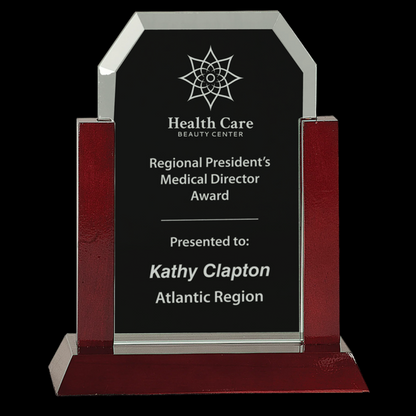Gateway Jade Clip Corner Glass Award with Rosewood Finish Base