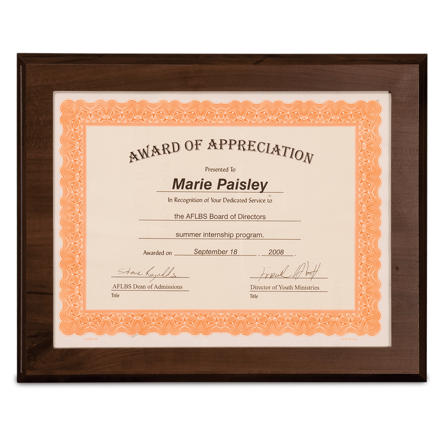 10.5" x 13" Cherry Finish Slide-In Frame Plaque with 8.5" x 11" Window