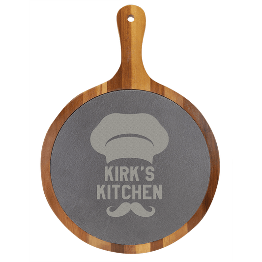 Round Acacia Wood/Slate Serving Board with Handle 10.5" x 14.5"