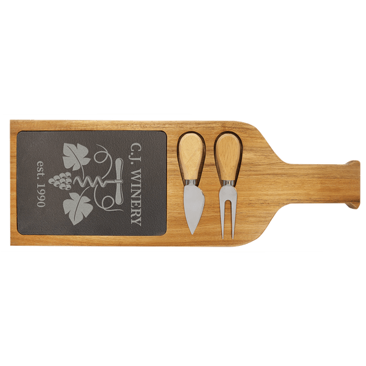 Acacia Wood/Slate Serving Board with Two Tools 17.5" x 6"