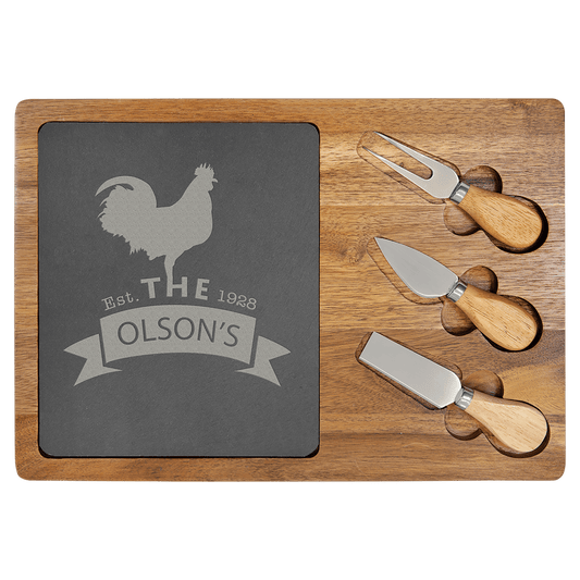 Acacia Wood/Slate Rectangle Cheese Set with Three Tools 13.75" x 9.75"