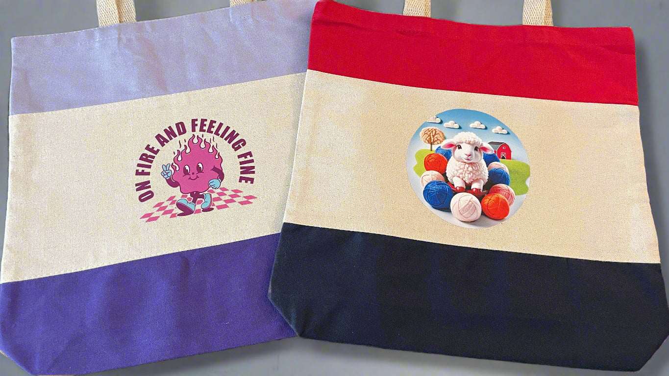 Colorful fabric tote with printed designs on a dark surface